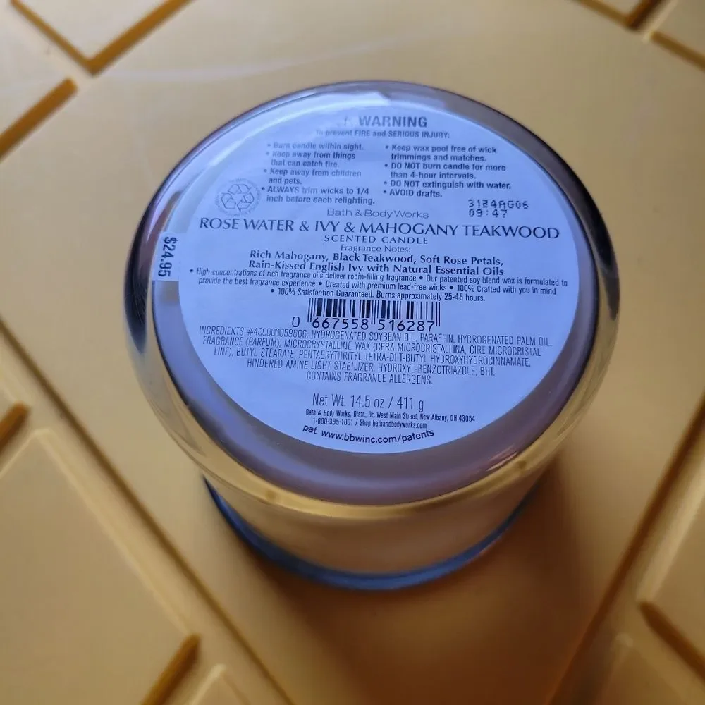 Bath and Body Works Rose Water & Ivy & Mahogany Teakwood 3-Wick Candle